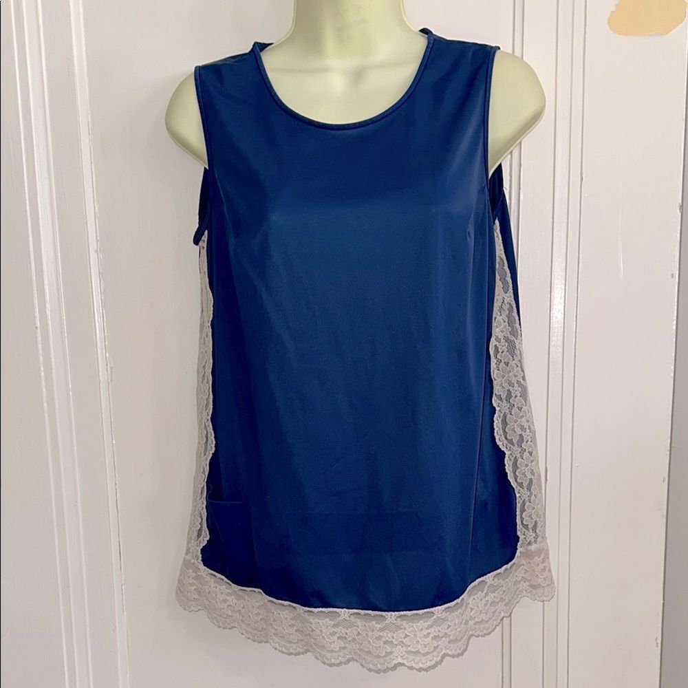 Vintage Shadowline navy blue nylon camisole pajama‎ top with lace detailing